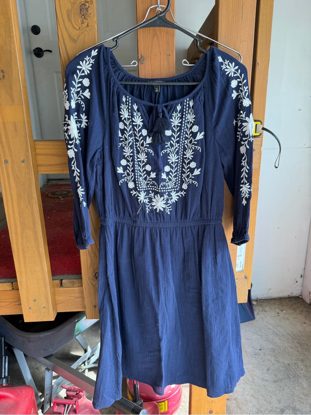 Talbots Navy Blue Long Sleeve Embroidered Peasant Dress